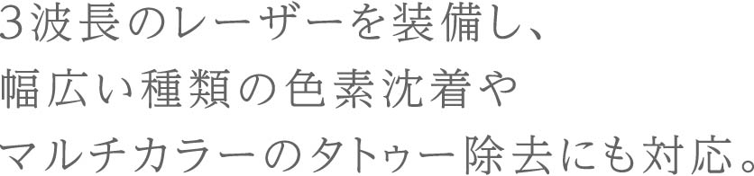 ３波長のレーザーを装備し、幅広い種類の色素沈着やマルチカラーのタトゥー除去にも対応。