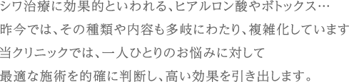 シワ治療に効果的といわれる、ヒアルロン酸やボトックス…昨今では、その種類や内容も多岐にわたり、複雑化しています当クリニックでは、一人ひとりのお悩みに対して最適な施術を的確に判断し、高い効果を引き出します